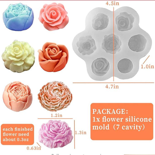 Rose Peony Flower Silicone Candle Mould -  7 Cavity