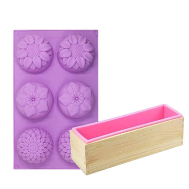 6 Round Flower Mold  + Wooden Rectangle Silicone Soap Mould- Combo Pack